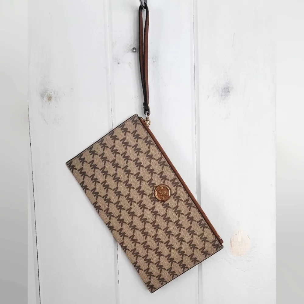 Michael Kors Khaki Tan Brown PVC Signature Print Wristlet
